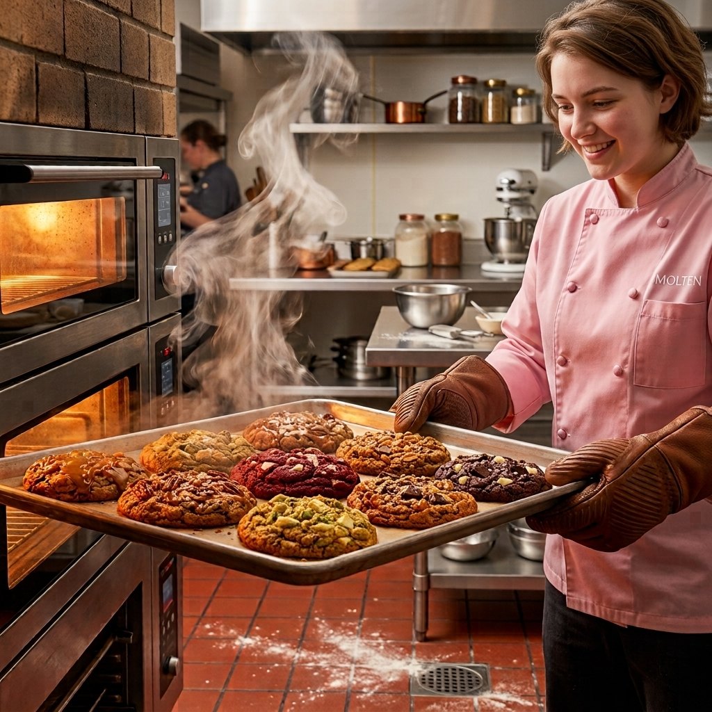 A baker in a pink Molten jacket pulling a tray of fresh cookies from the oven