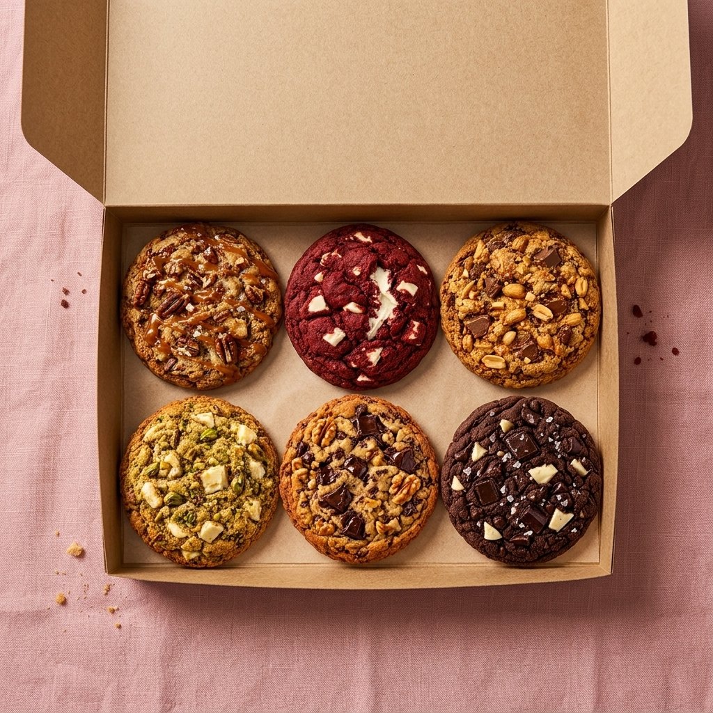 An open kraft box with six different cookies, top view