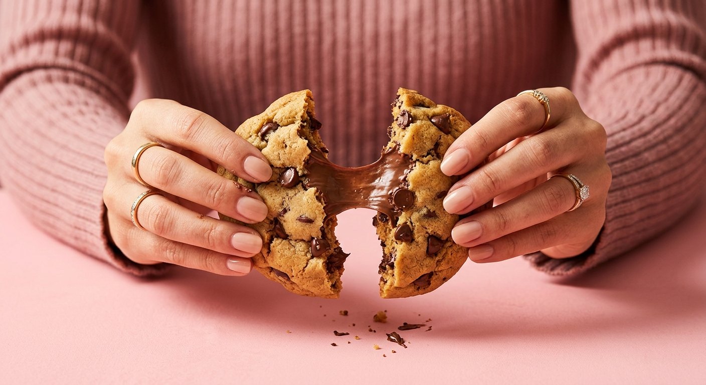 Hands breaking a warm cookie, chocolate stretching between the halves
